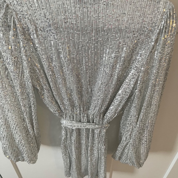 SHEIN Lantern Sleeve Wrap Belted Sequin Dress - Picture 5 of 6